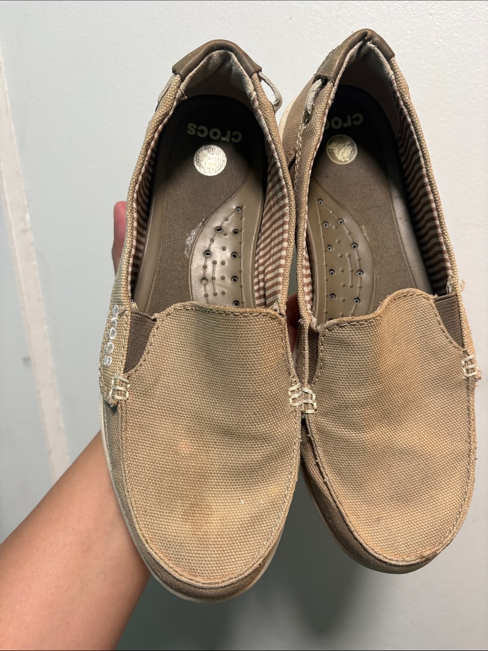 CROCS Women's Tan Canvas Slip-On Flats